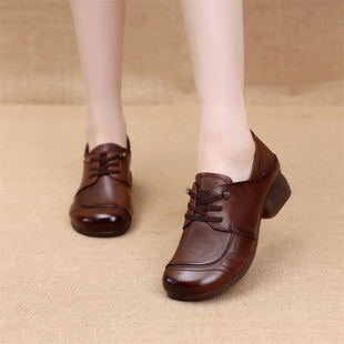 春秋真皮复古单鞋女中跟防滑软底妈妈鞋中年女士圆头舒适粗跟皮鞋