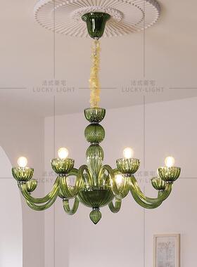 法式复古玻璃艺术吊灯卧室奶油风个性中古穆拉诺绿色KTV客厅灯具
