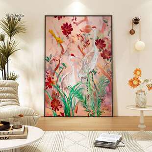 现代简约美式复古仙鹤客厅玄关装饰画高级感卧室床头壁画竖版挂画