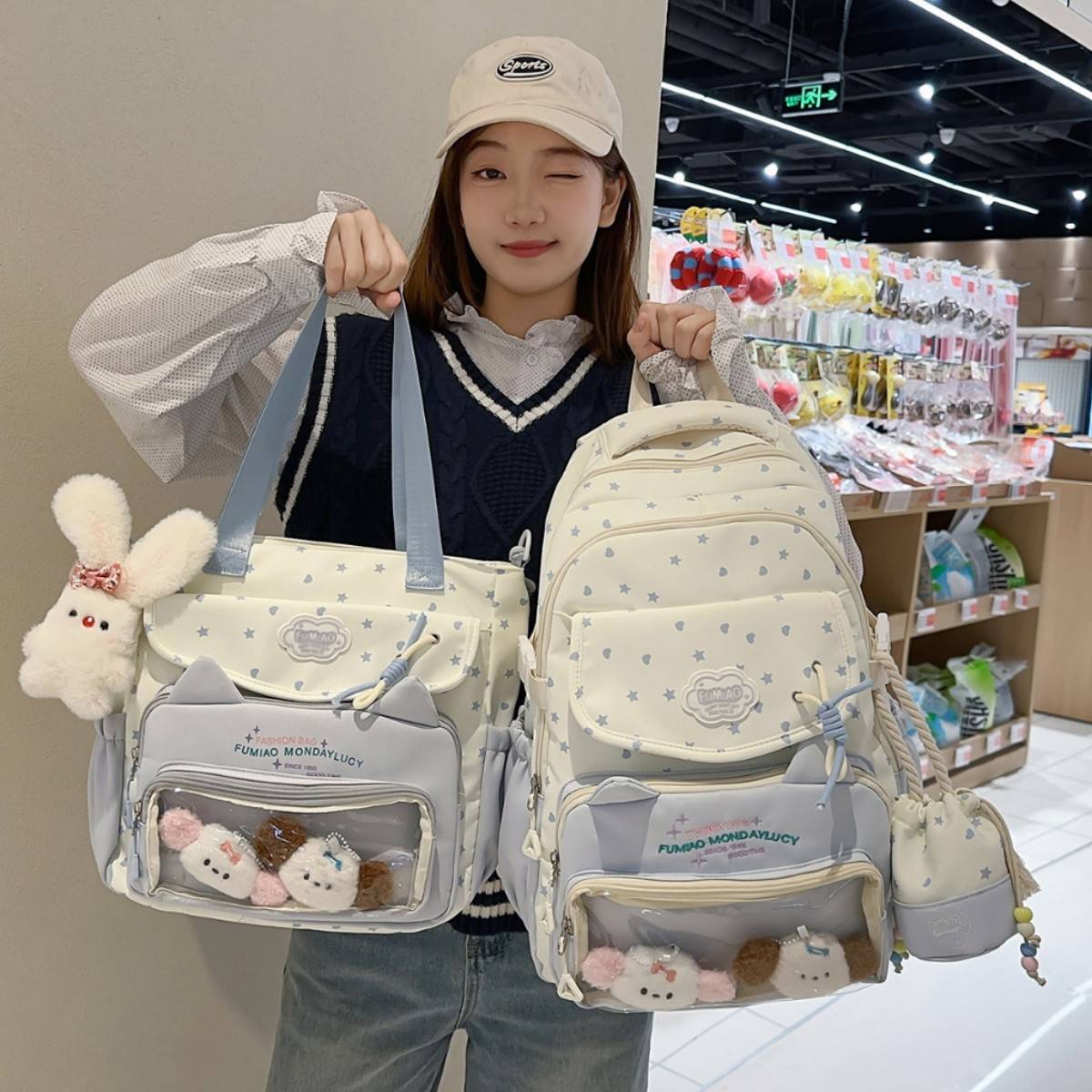 书包初中生女可爱星星猫咪双肩包