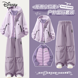 迪士尼女童冬装套装2025新款大童外套羽绒内胆儿童加绒裤子三件套