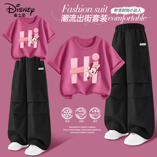 迪士尼女童短袖t恤2026新款纯棉大女孩洋气炸街套装运动儿童夏装