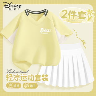 迪士尼女童套装夏季薄款2026新款中大童速干短袖t恤儿童夏装短裙