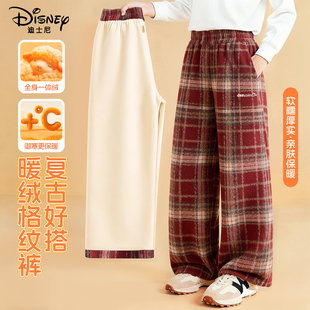 迪士尼女童加绒裤子冬加厚一体绒2025新款复古红色儿童格子阔腿裤
