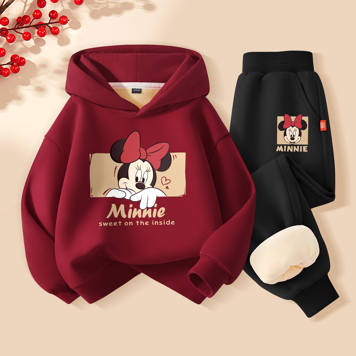迪士尼女童冬装套装2026新款酒红色大童女孩加绒卫衣秋冬儿童衣服