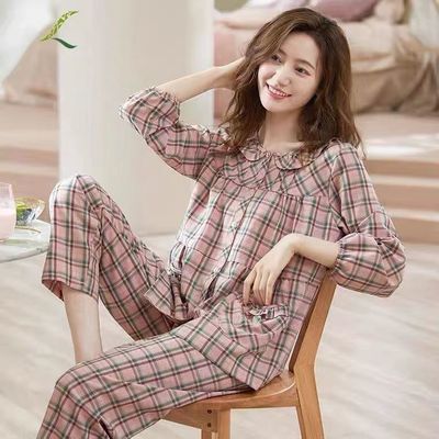 睡衣女士夏季薄款纯棉长袖套装春秋款可外穿全棉格子家居服两件套