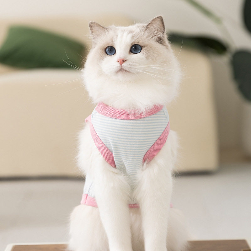 春夏季猫咪全棉色织条纹可爱爱心扣子背心狗狗泰迪比熊宠物猫衣服
