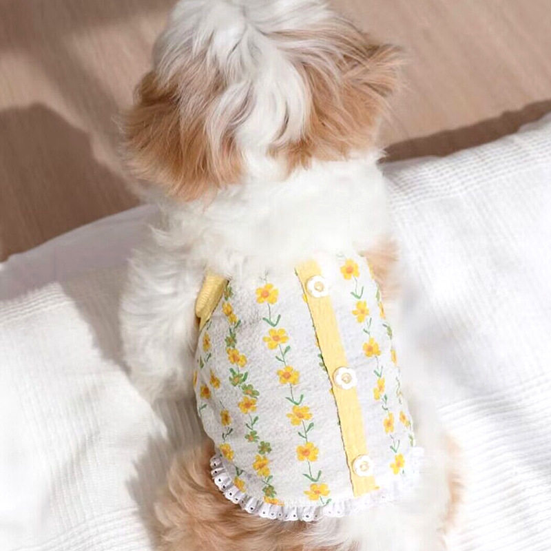 日韩风春夏季狗狗小清新花朵纽扣吊带中小型犬猫咪两脚宠物狗衣服