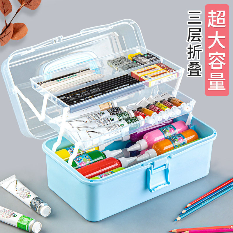 桌上三层手提收纳箱折叠特大号咕咔工具箱美甲箱美术生塑料收纳盒