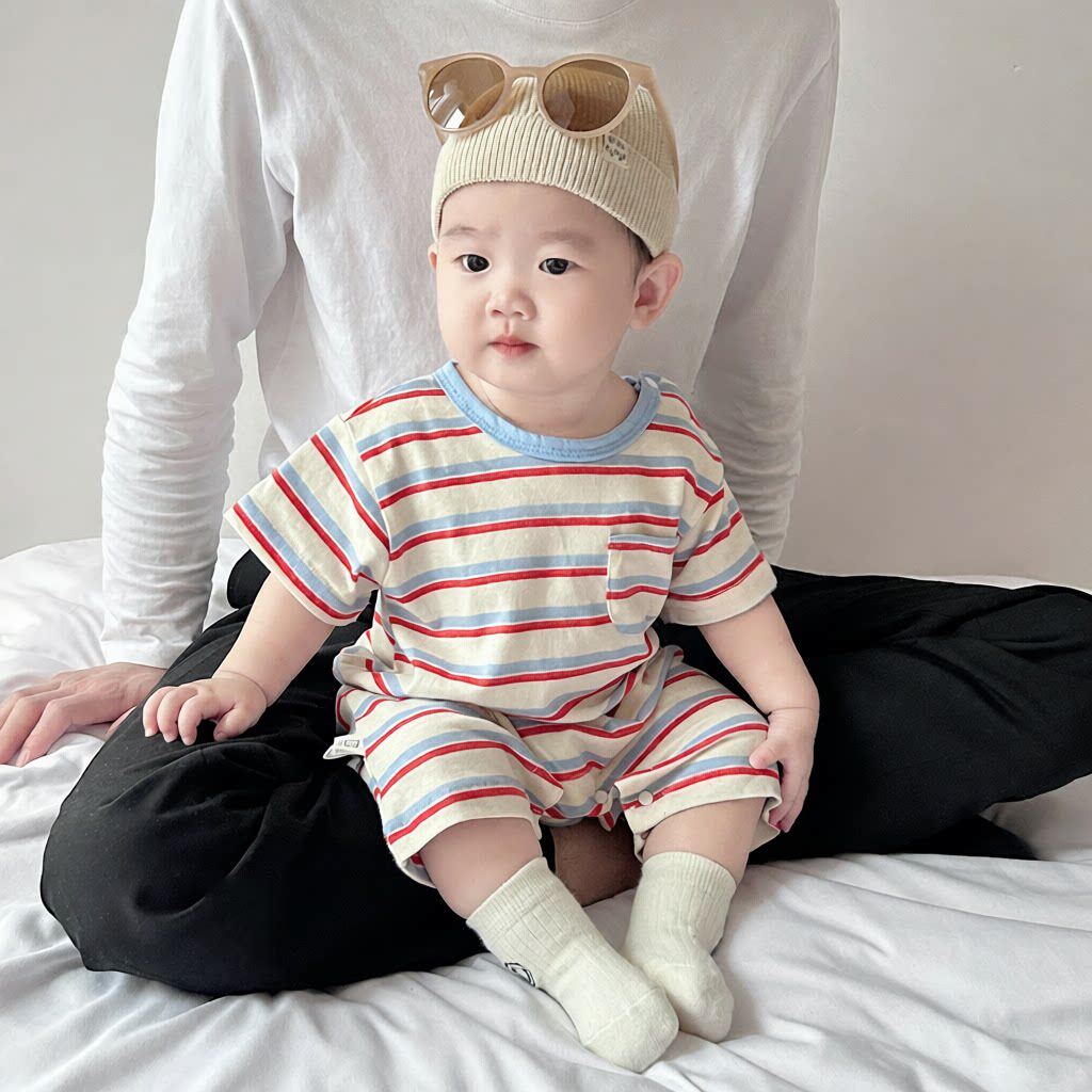 韩版婴儿连体衣夏季男女宝宝条纹短袖包屁哈衣新生儿爬服夏天薄款