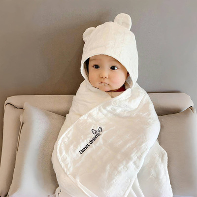 新生儿全棉6层纱布吸水宝宝浴巾婴儿包巾儿童带帽斗篷包被可裹