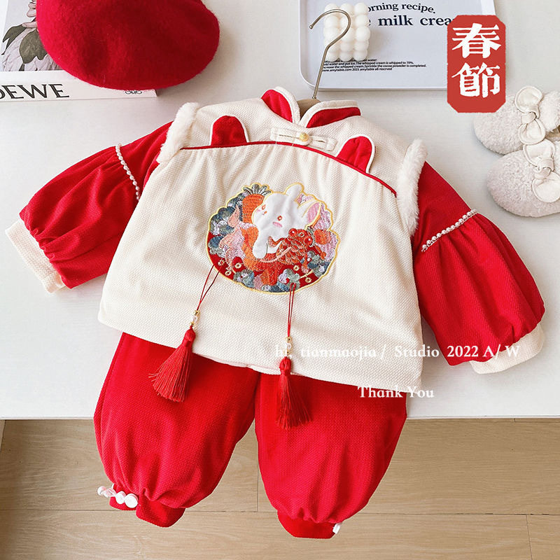 女宝宝唐装冬季儿童周岁生日礼服新年拜年服女童抓周服中国风加厚