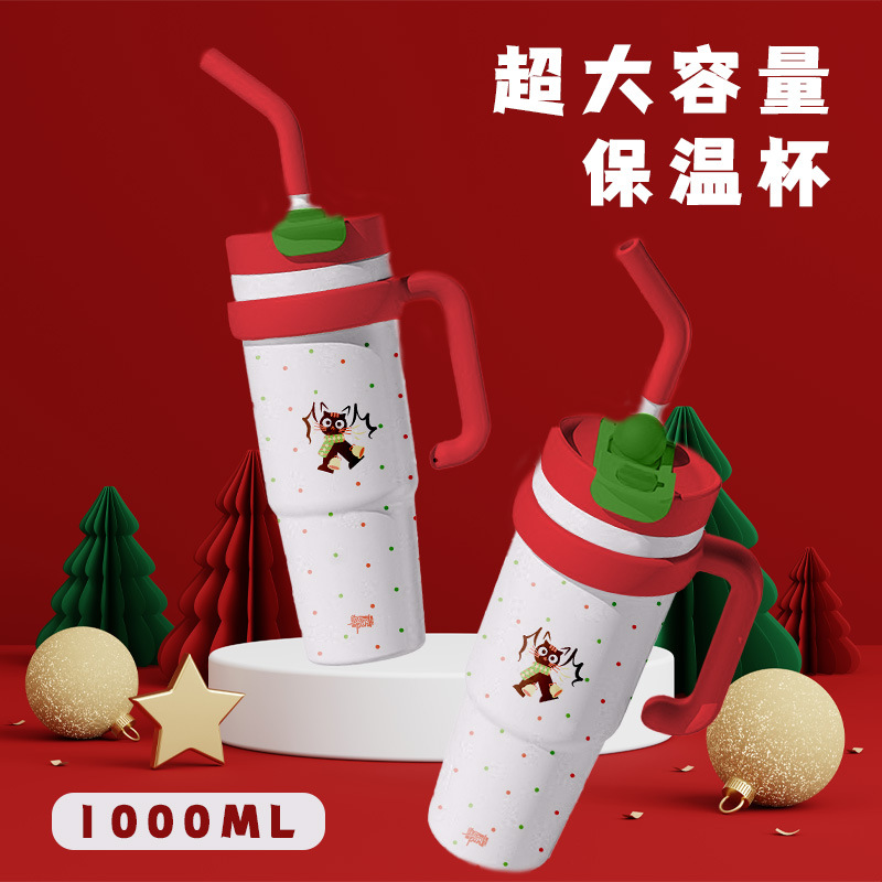 猫精灵巨无霸保温杯陶瓷内胆不锈钢冰霸杯1000大容量高颜值咖啡杯