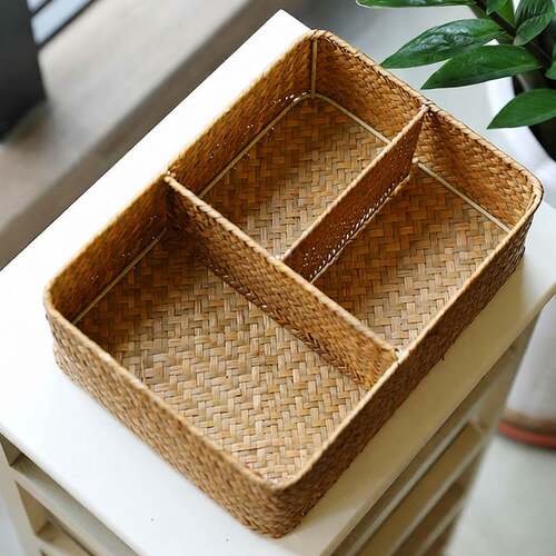 草编桌面分格收纳盒茶几遥控器钥匙收纳筐化妆品分类整理盒