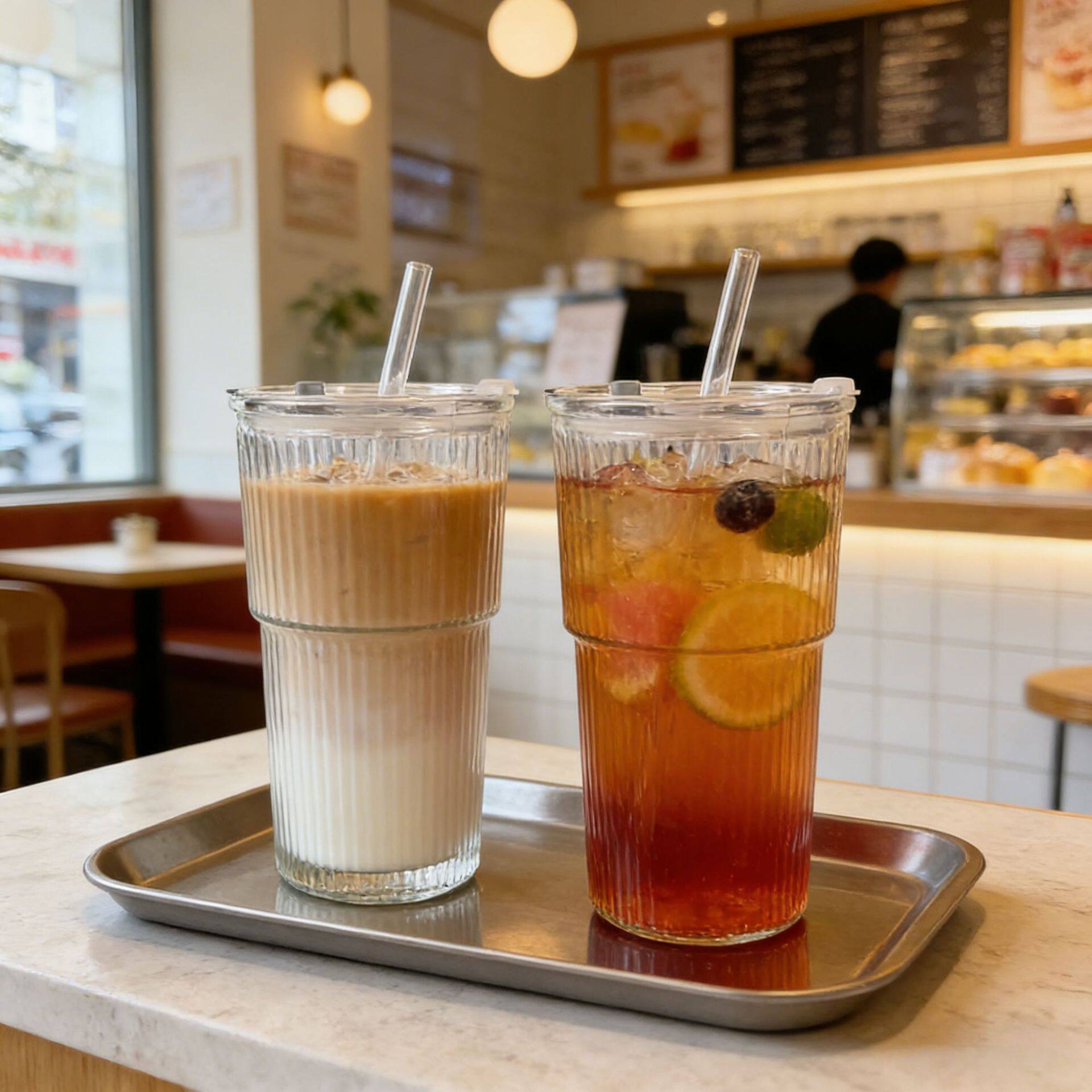 包邮玻璃杯高颜值冷饮杯果汁咖啡杯带盖带吸管大竖条纹水杯子