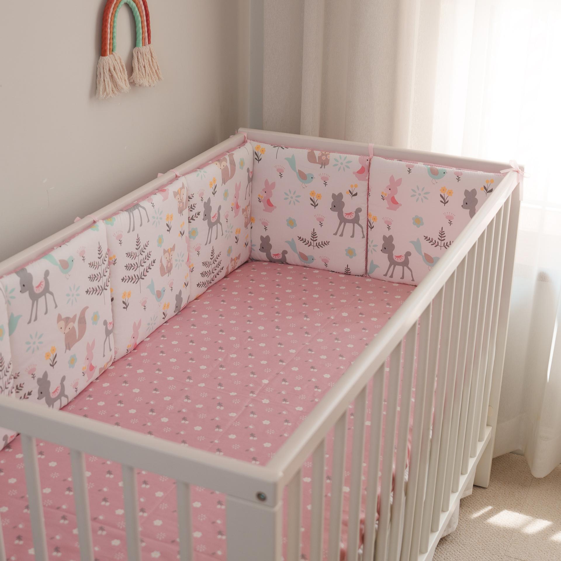 婴儿床围新生儿床上用品宝宝防撞围栏纯棉粉色狐狸30*30*6整片洗