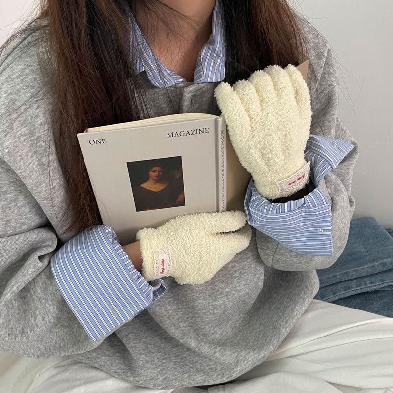 &ldquo;暖手宝&rdquo;五指触屏毛绒手套女秋冬新款纯色露指保暖骑行手套加绒