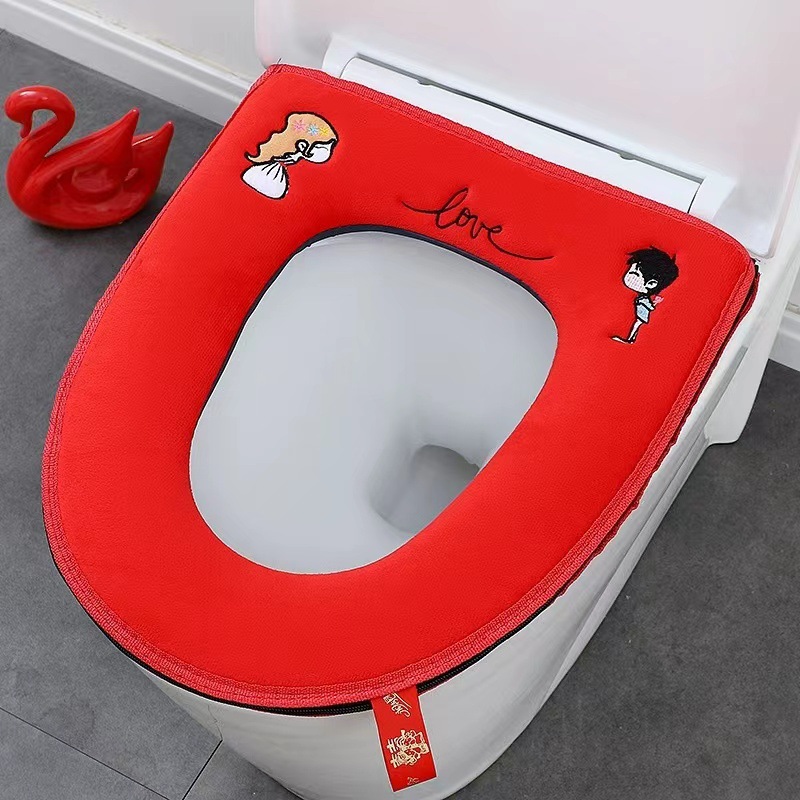 红色婚庆马桶垫双喜福字喜庆坐垫家用毛绒拉链款可水洗坐便垫