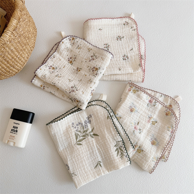 A类纯棉纱布婴儿洗脸毛巾碎花ins风宝宝洗澡柔软方巾儿童吸水手帕