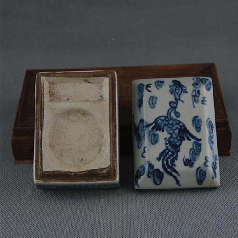 热销明代手旧工绘古画青花凤纹印泥盒砚台做房家藏仿古瓷JLQ古玩