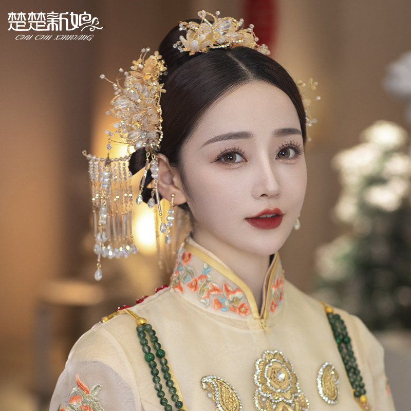 热销中式结婚秀禾新娘头饰简约金色琉璃带后区流苏配饰红色秀禾服
