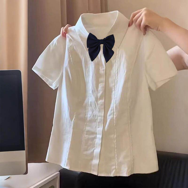 学院风小众减龄衬衫夏季甜美新款显瘦时尚蕾丝花边短袖衬衣女