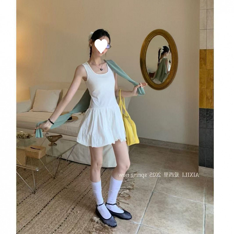 夏季随心裁有内里白色花苞连衣裙女夏季韩系减龄显瘦短款背心裙子