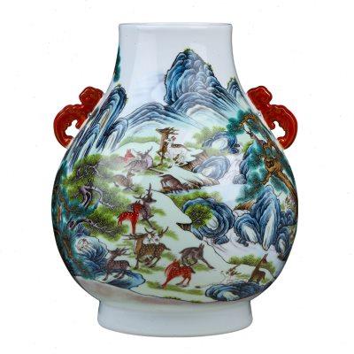 景德镇陶瓷器粉彩花瓶仿古乾隆双耳瓷瓶客厅玄关装饰品博古架摆件