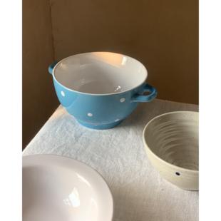 可爱沙拉水果盆釉下彩微瑕 蓝色水玉 NfT 乡村覆古波点陶瓷双耳碗