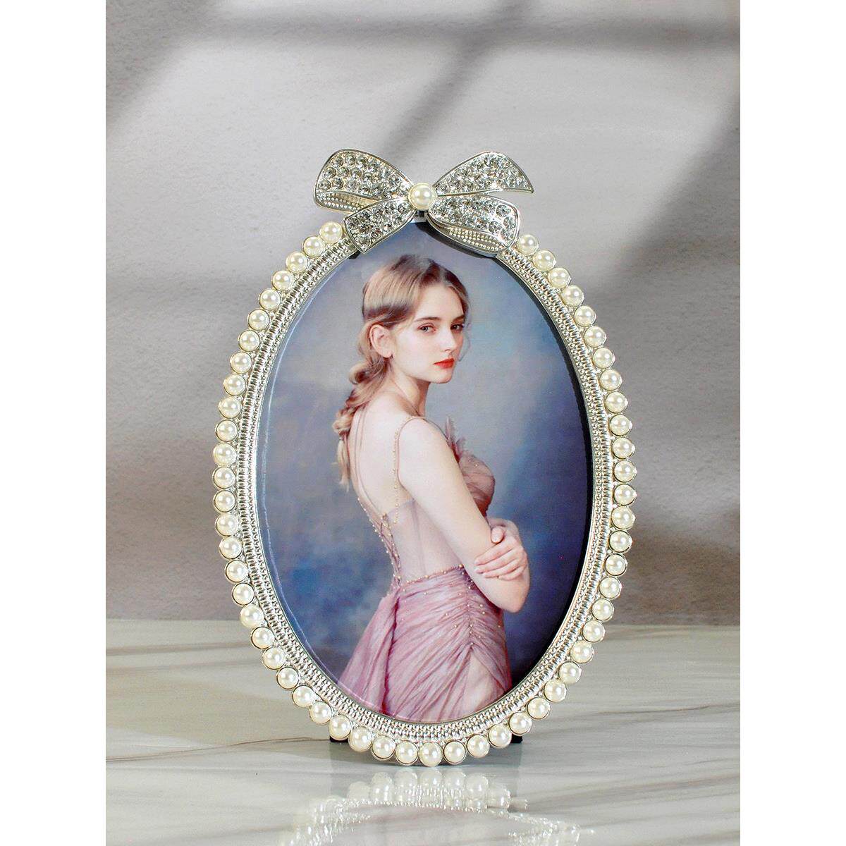 欧洲婚礼照片小桌子相框创意椭圆形3 6 7英寸金属珍珠弓儿童相框