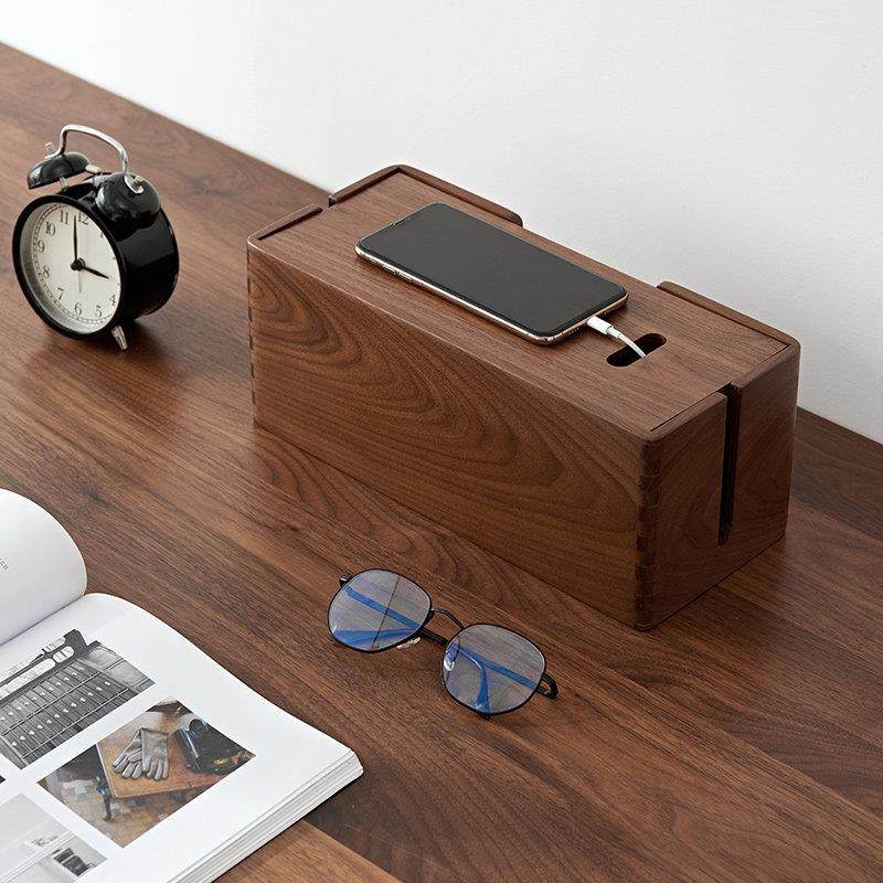 黑胡桃木插排数据线电线收纳盒插座固定器插线板理线盒装饰遮挡盒