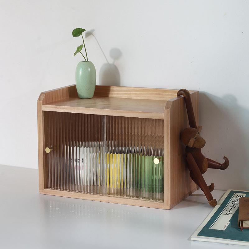 zakka木质 桌上办公桌杯子收纳盒化妆品香水陈列置物相框门防尘柜