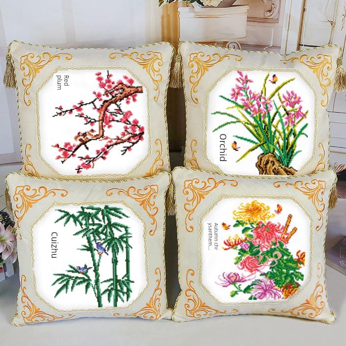 采购产品十字绣抱枕，梅、兰、竹、菊自绣，中式古典沙发靠垫，客