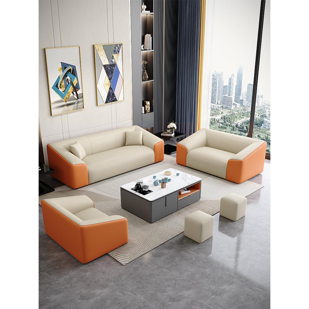 新牛皮休闲接待室沙发办公室三座直客厅商务沙发咖啡桌组合