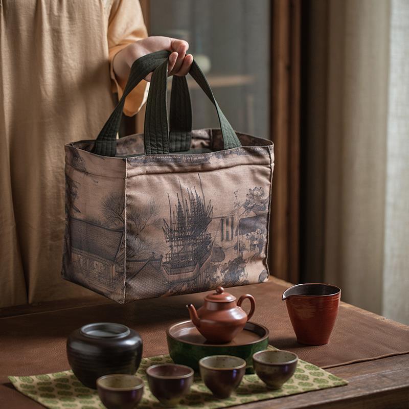 可携式外出茶具收纳包超大号户外旅行手提茶事包中式覆古收纳布袋