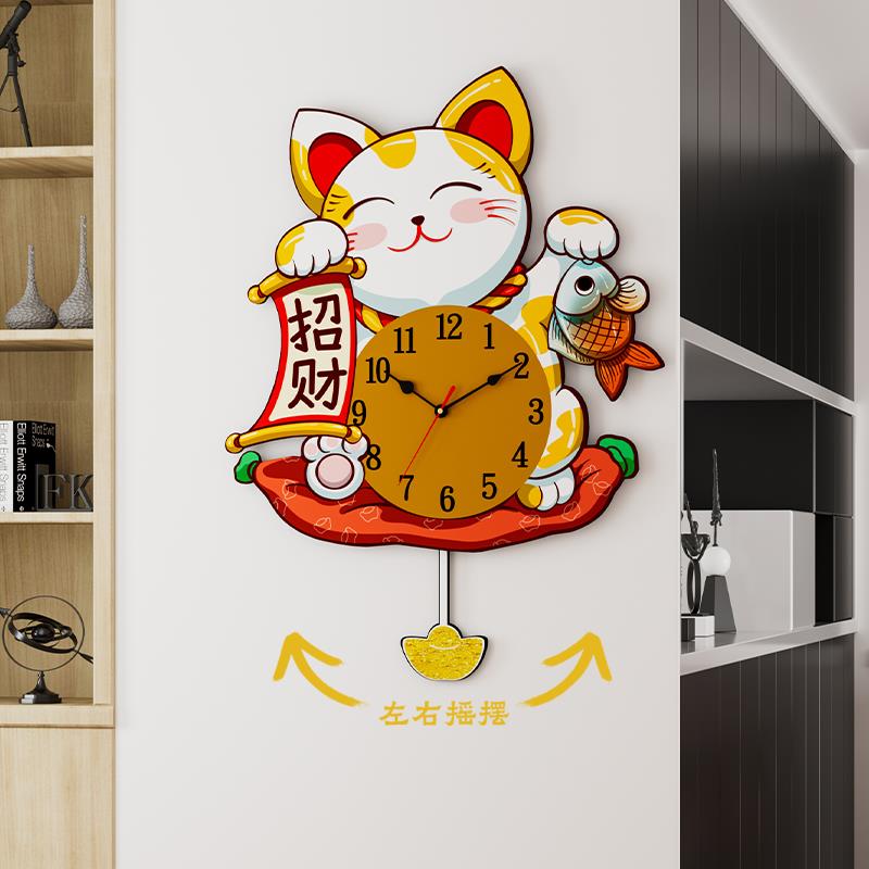帝斓招财猫钟表挂钟客厅家用钟 钟创意时钟挂墙装饰画 画静音挂表