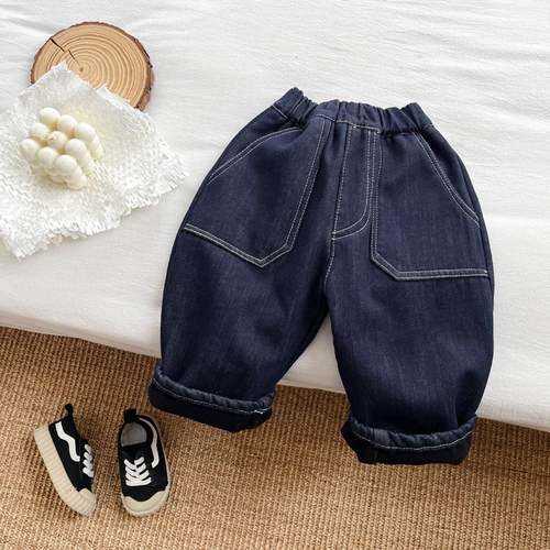 不褪色冬季男女童加绒牛仔裤洋气宝宝百搭加厚保暖防风休闲长裤子