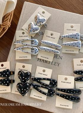 韩国ins新款黑色银色波点爱心仿皮发夹 时尚质感刘海夹头饰发饰女