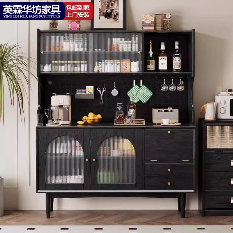 全实木餐边柜中古黑色橱柜白蜡木家用厨房储物柜客餐厅一体茶水柜