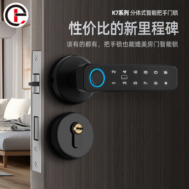简约门锁室内静音分体锁球形木门指纹锁涂鸦智能锁通通锁把手锁