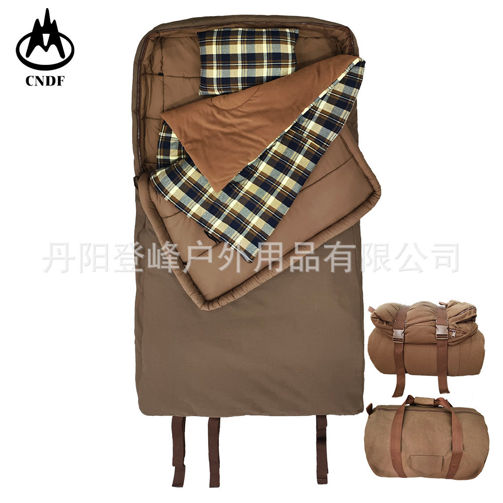 登峰户外奢华盒型双层帆布睡袋可拆卸沙漠中东热销帆布睡袋带枕头