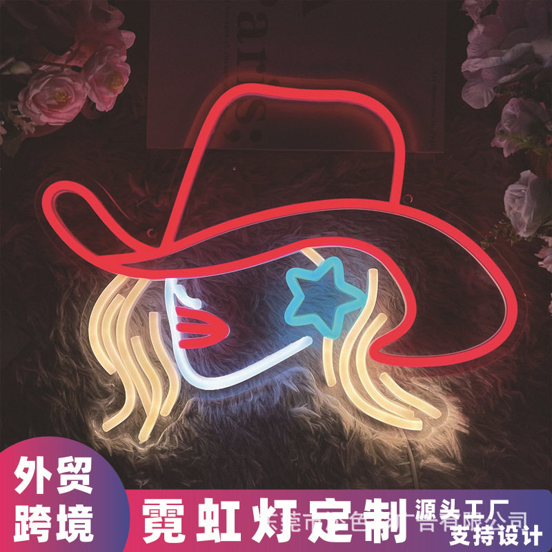 牛仔女郎帽霓虹灯LED发光造型亚马逊外贸酒吧俱乐部订婚装饰12V