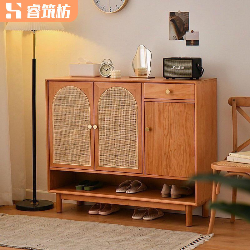 实木藤编鞋柜北欧日式网红简约原木收纳储物容量玄关入户门口鞋柜