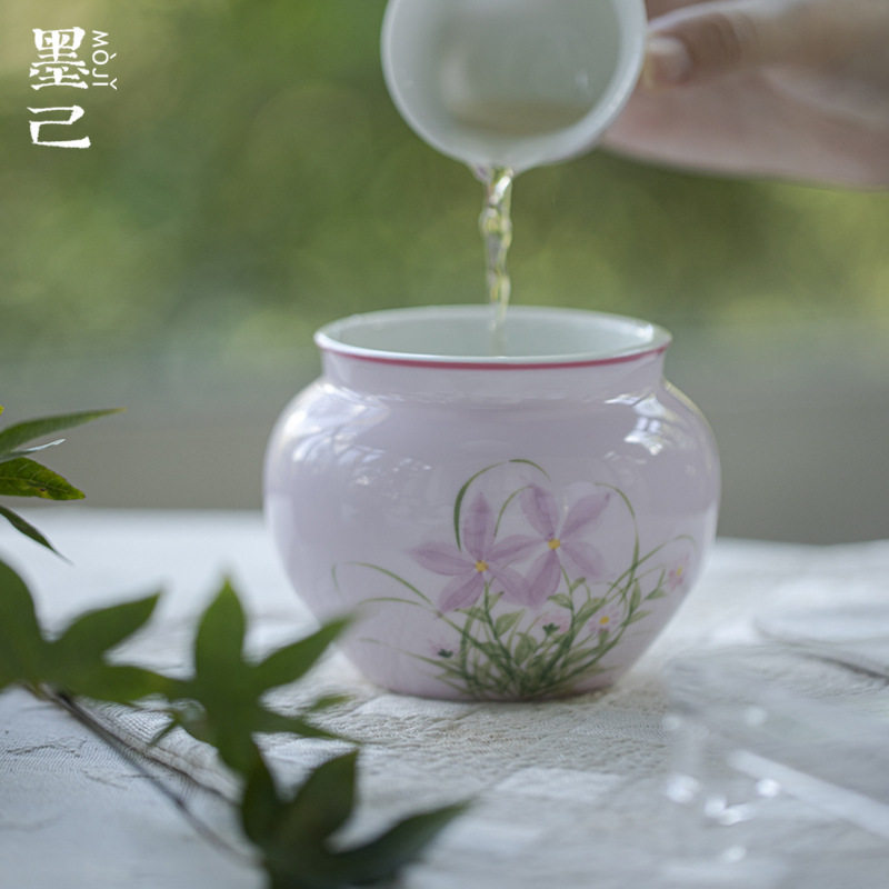 唐宋手绘陶瓷建水杏粉悠绽粉韵废水缸家用茶道配件水盂茶席茶渣缸