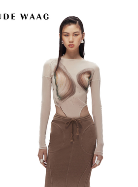 OUDE WAAG  网纱透视抽象印花女装连体衣
