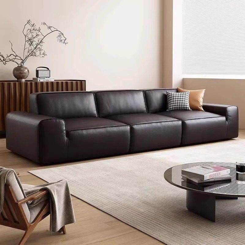意式极简大黑牛真皮沙发客厅2025新款大气覆古黑色豆腐块皮艺沙发