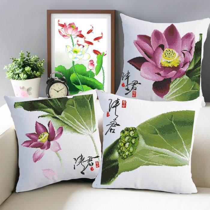 艺站十字绣清君伴君荷花三联十字绣抱枕客厅卧室沙发靠垫自己绣,居家布艺,十字绣套件,淘宝优惠券,粉丝福利购,淘宝优惠卷