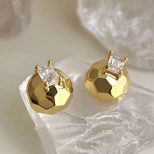 原创厚镀18K真金切面球状S925银针锆石简约轻奢风百搭耳钉 耳饰女