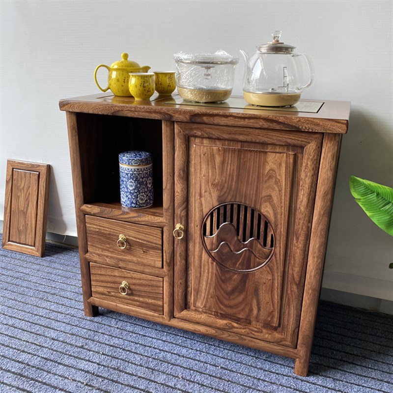 茶水柜烧水壶一体实木北榆木烧水台中式移动置物架储物柜茶桌边柜