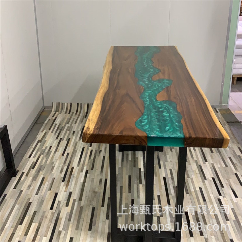 家用小户型树脂大板艺术餐桌胡桃木大板河流树脂餐桌椅现货批发